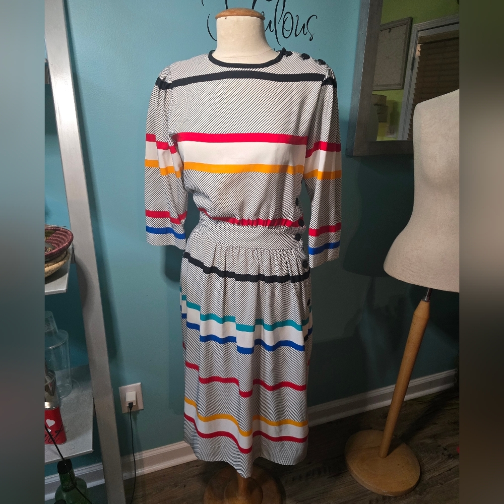 1980's Albert Nipon Striped Multicolor Dress
